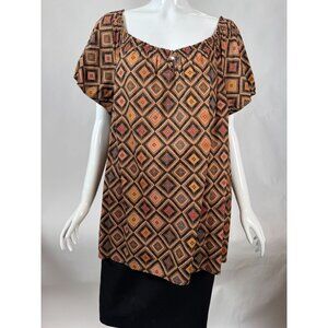 Liz Claiborne Woman 2X Square-Neck Boho Top With Geometric Print In Brown/Orange